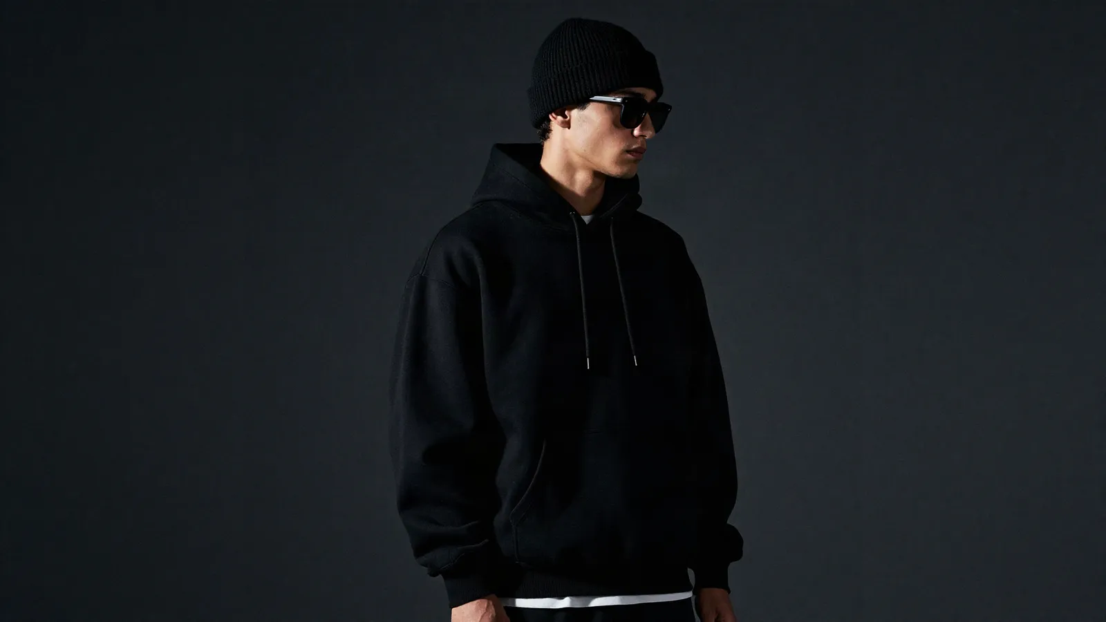 Model wearing the black Owners Club hoodie and a ribbed beanie
