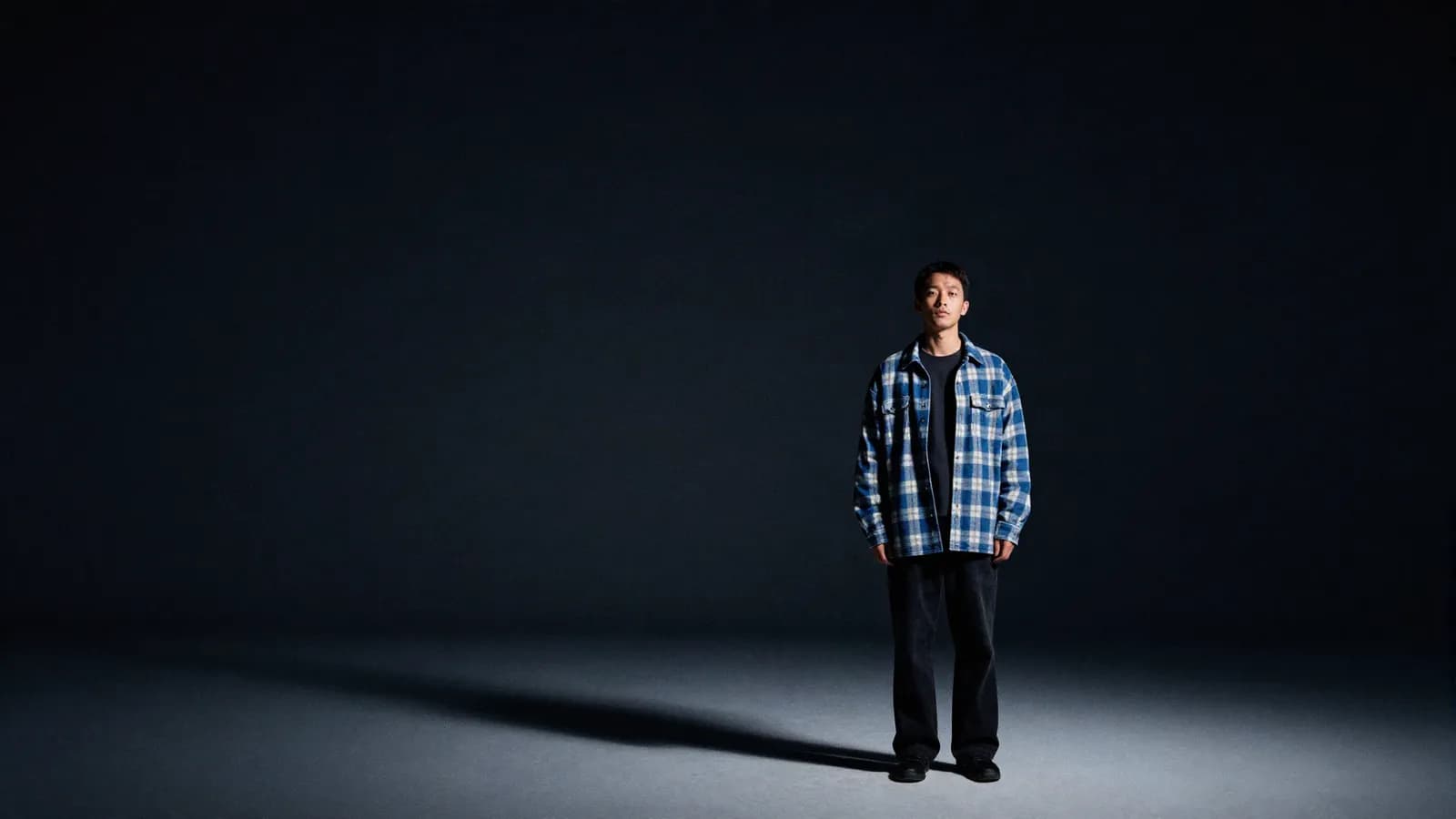 Model wearing the blue check flannel overshirt
